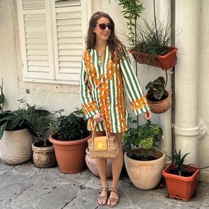 Sezane Green and Orange Striped Tunic with Floral Embroidery